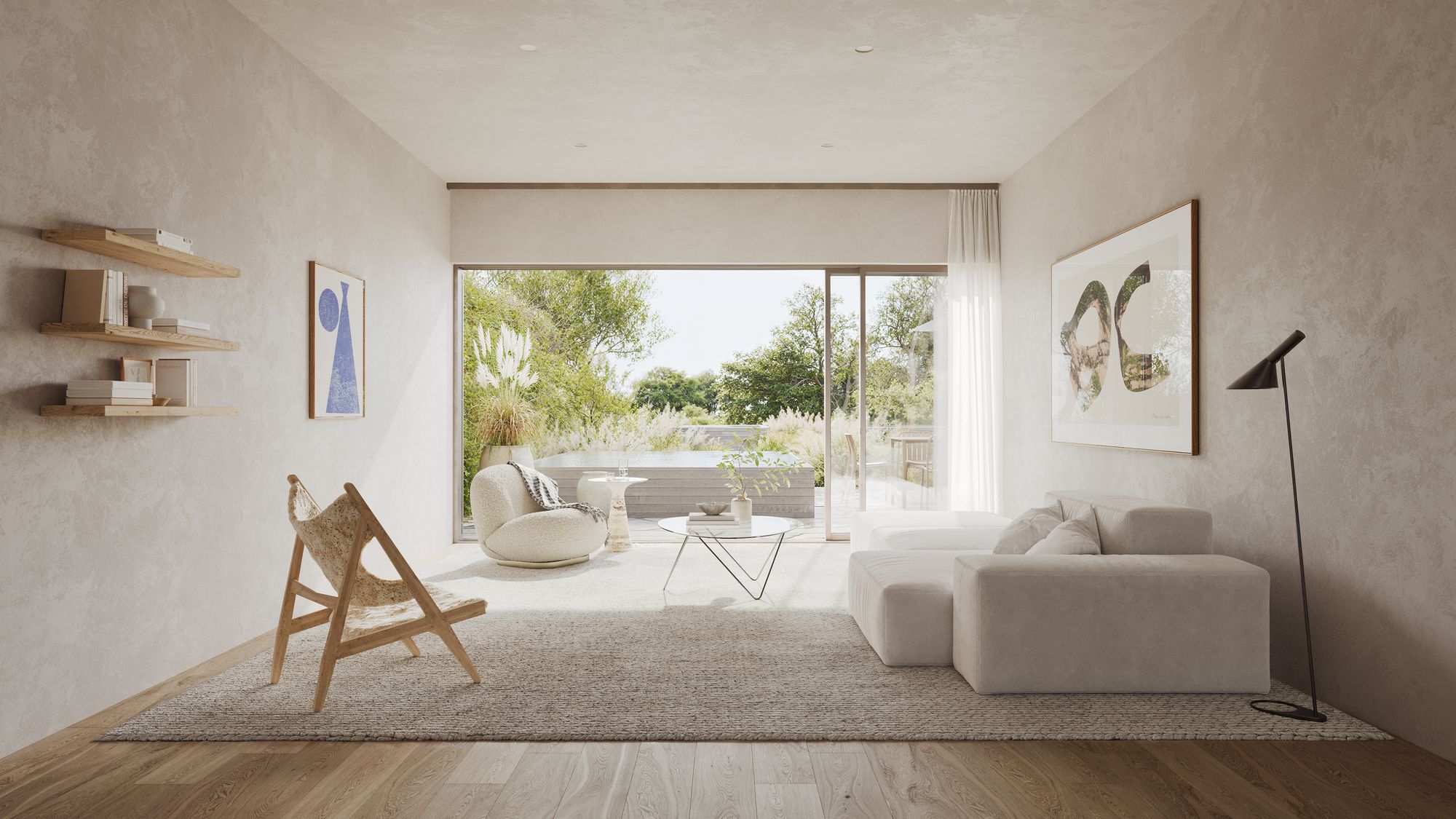 Living room of Casa Horizonte: a pale sofa and armchair on a wool rug, sliding glass open onto a terrace with a plunge pool